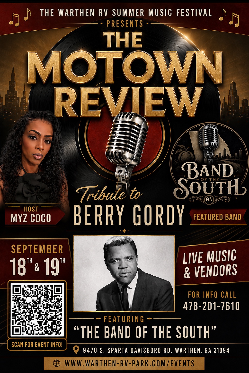 The Motown Review: A Tribute to Berry Gordy event flyer. Saturday, September 19, Warthen RV Park.